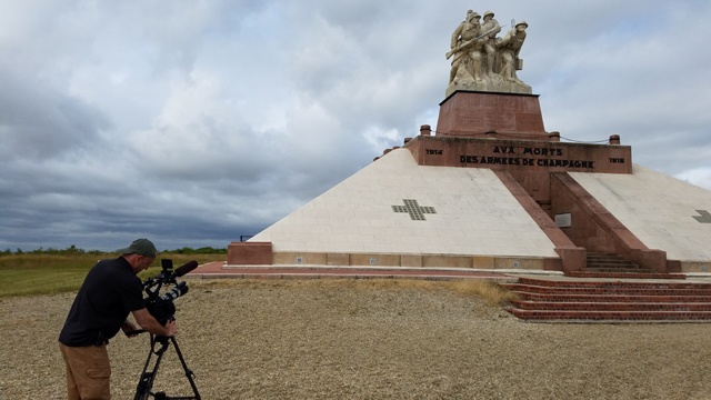 Filming the Navarin Farm Ossuary, containing the remains of 10,000 unknown soldiers, Champagne, France. Several members of the escadrille fought here with the French Foreign Legion.